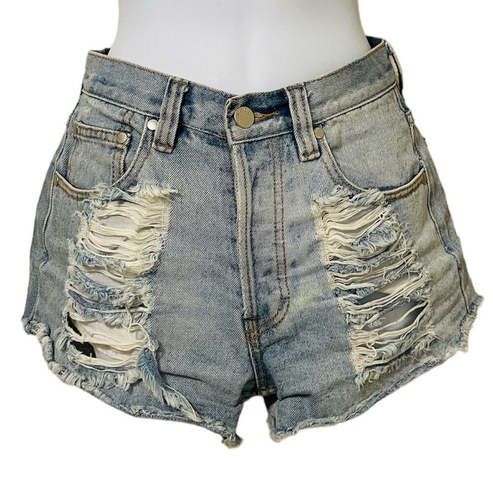 MINKPINK high rise full button distressed denim shorts